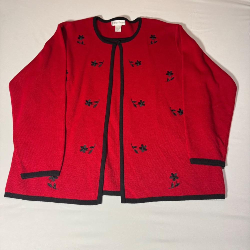 Dressbarn Woman‎ Red Floral Embroidered Open Front Cardigan Sweater Size 18/20